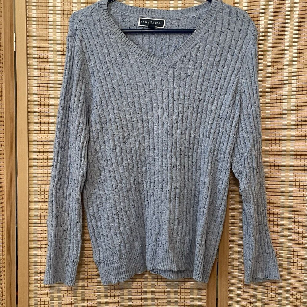 Karen Scott Womens 2XL Cable Knit Sweater V Neck Blue Academic Long Sleeves